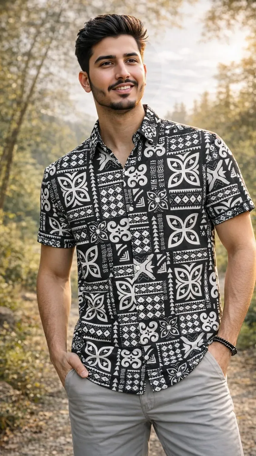 Premium Beige Multi Print Half Sleeve Shirt