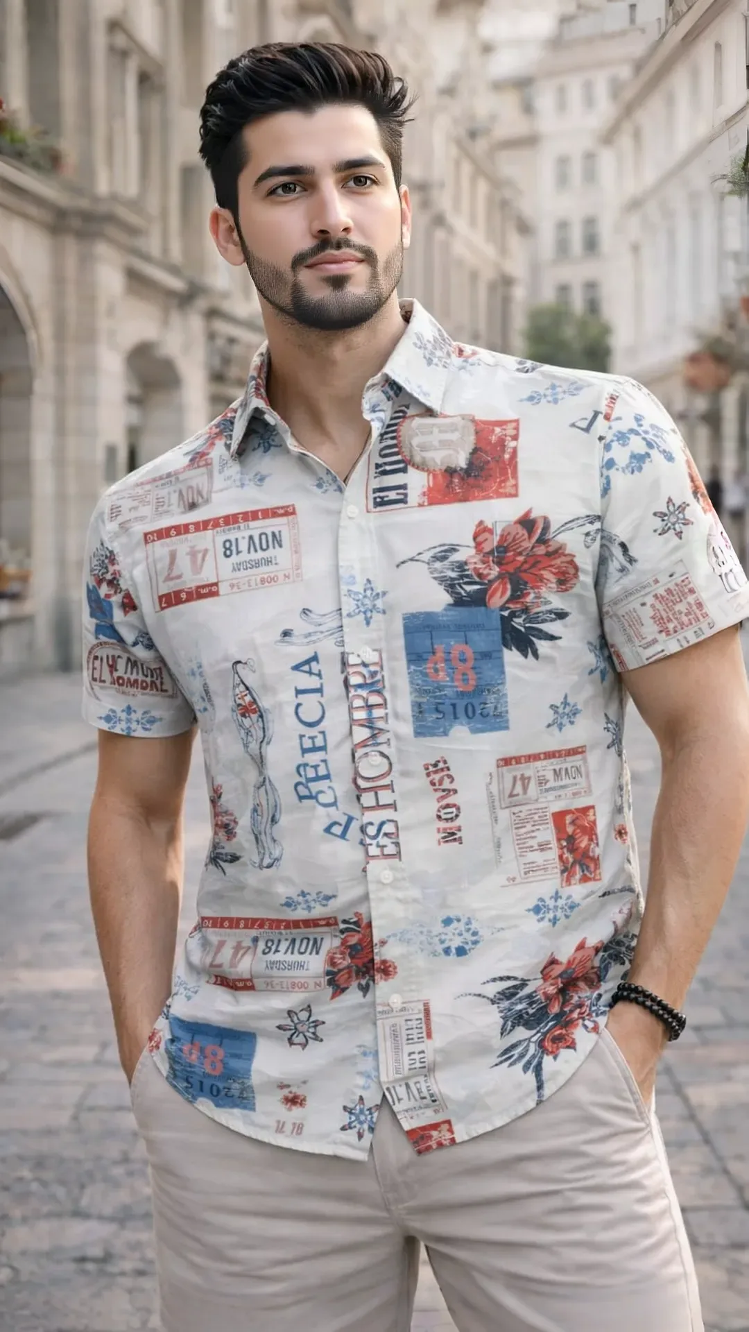 Premium Beige Multi Print Half Sleeve Shirt